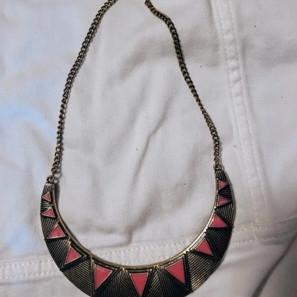 Pink Triangle Bib Necklace in Antique Gold-Tone